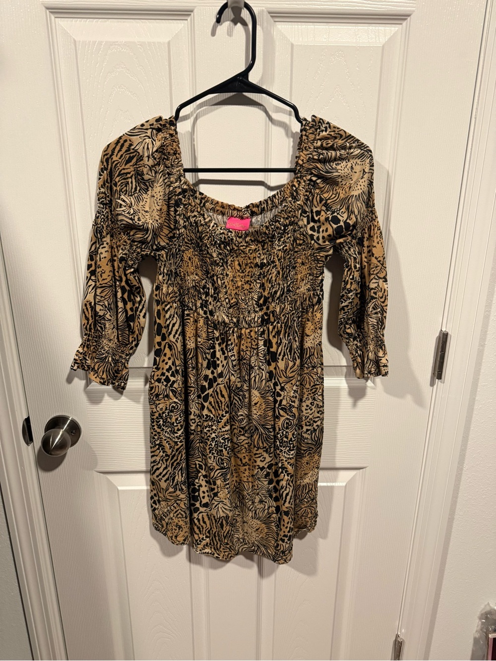Lilly Pulitzer Girls Black and Tan Animal Print Smocked Casual Dress